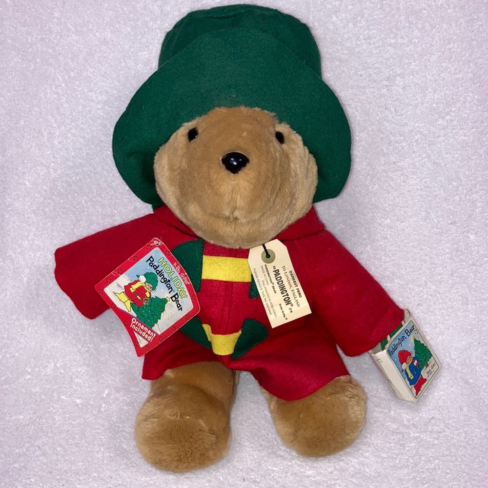 nwt 1997 vintage holiday paddington bear with ornament red coat green hat